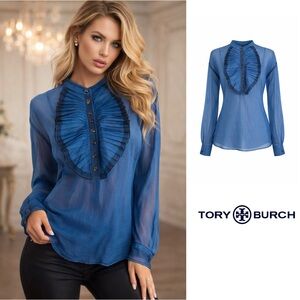NEW TORY BURCH Ruffle Front Blouse In Blue Dream